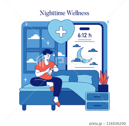 Nighttime Wellness routine with person monitoring sleep hours for health improvement. Calm bedroom setting, modern sleep tracking. Vector illustration. Nighttime Wellness routine with person monitoring sleep hours for health improvement. Calm bedroom setting, modern sleep tracking. Vector illustration. 116836200