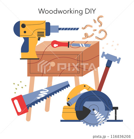 Woodworking DIY concept. A creative portrayal of home carpentry showcasing tools and wood shavings. Crafting furniture with precision. Vector illustration. 116836208