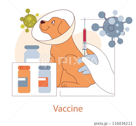 Pet Health Concept. An illustration depicting a dog receiving a vaccine with visible vials, promoting responsible pet care. Vector illustration. 116836211