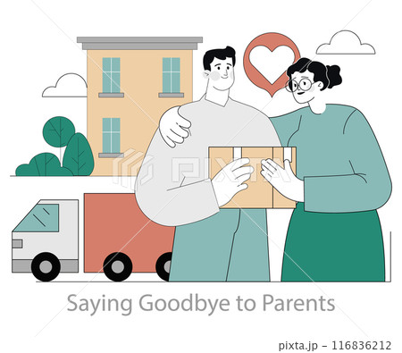 Farewell moment illustration. Adult child leaving home with parents' heartfelt support on moving day. Emotional goodbye, love and family bond. Vector illustration. 116836212