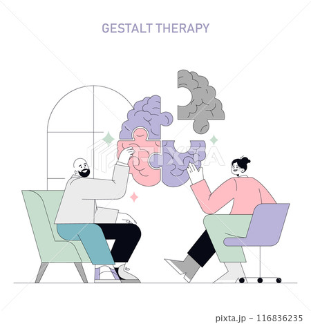Gestalt therapy concept. Two individuals collaboratively connect puzzle pieces into the shape of a brain, symbolizing psychological integration. Vector illustration. 116836235