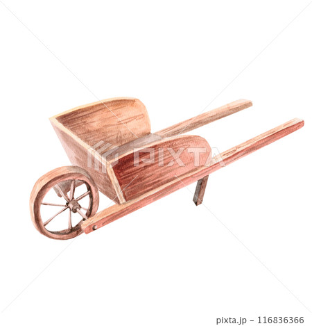 Wooden garden wheelbarrow. Watercolor illustration on the theme of harvesting for agricultural fairs, harvest exhibitions, shops, vegetable shops, cookery books. Illustration isolated from background Wooden garden wheelbarrow. Watercolor illustration on the theme of harvesting for agricultural fairs, harvest exhibitions, shops, vegetable shops, cookery books. Illustration isolated from background 116836366