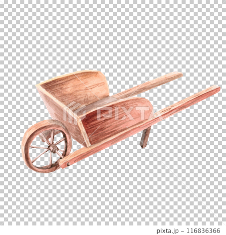 Wooden garden wheelbarrow. Watercolor illustration on the theme of harvesting for agricultural fairs, harvest exhibitions, shops, vegetable shops, cookery books. Illustration isolated from background Wooden garden wheelbarrow. Watercolor illustration on the theme of harvesting for agricultural fairs, harvest exhibitions, shops, vegetable shops, cookery books. Illustration isolated from background 116836366