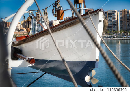 Lifeboat Ready for Rescue on Ship in Urban Port Lifeboat Ready for Rescue on Ship in Urban Port 116836563