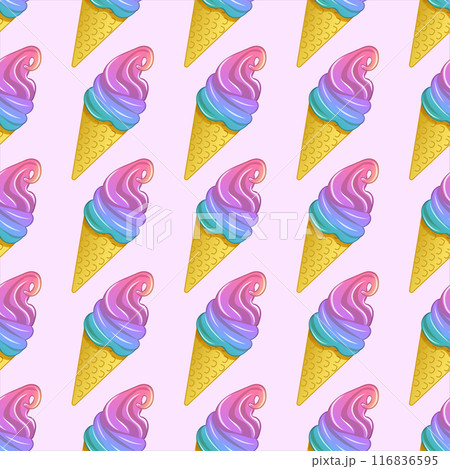 Vector seamless pattern of colorful ice cream cones on a pastel pink background. Vector seamless pattern of colorful ice cream cones on a pastel pink background. 116836595