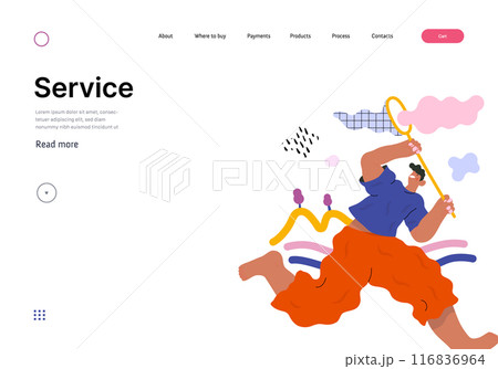 Life Unframed: Cloud catcher -modern flat vector concept illustration of running man with butterfly net. Metaphor of unpredictability, imagination, whimsy, cycle of existence, play, growth, discovery 116836964