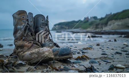 Vintage military combat boots rest on a beach with a blurred backdrop 116837013