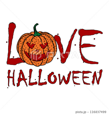 Pumpkin with a Carved Face and Love Halloween Message. Spooky Ornament. Vector illustration 116837499