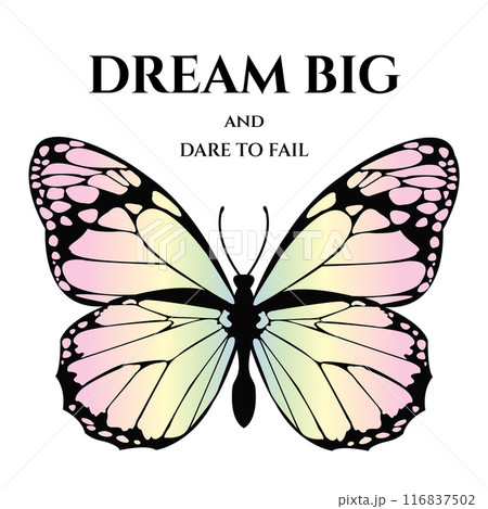 Light Rose Butterfly with the Inspiring Words Dream Big and Dare to Fail. Abstract Vector Design for Summer Decor. Vector illustration 116837502