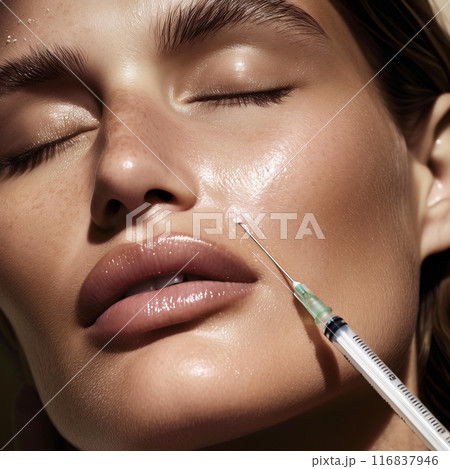 beautiful young woman face with syringe being used 116837946