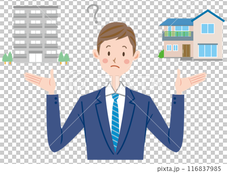 Illustration of a man wondering whether to buy or rent a house or apartment 116837985