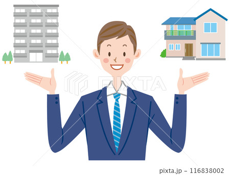 戸建てかマンションかの選択肢を提案するスーツの男性　選ぶ男性 116838002