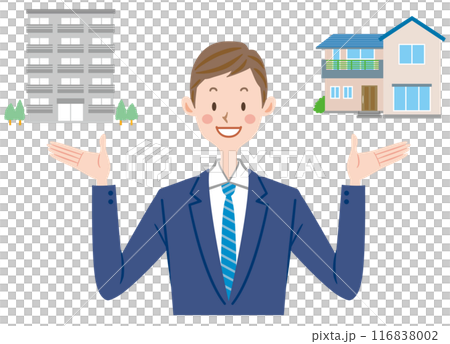 戸建てかマンションかの選択肢を提案するスーツの男性　選ぶ男性 116838002