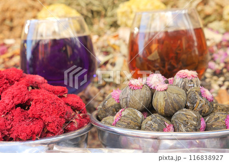 Flower tea from the petals of the tea rose and the French rose. Flower tea from the petals of the tea rose and the French rose. 116838927