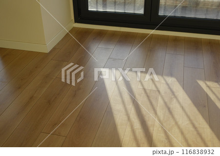 Simple background with empty thick wooden and blank white wall. 116838932