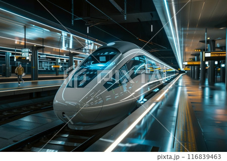 High-Speed Futuristic Train at Night Station 116839463