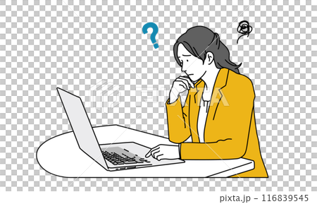 パソコンの前で考える女性社員のシンプルイラスト 116839545