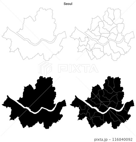 set of 2 political maps of Seoul City,  South Korea with regions isolated on white background. Seoul City map with districts 116840092