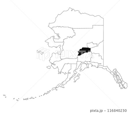Map of Denali borough in Alaska state on white background. single borough map highlighted by black colour on Alaska map. UNITED STATES, US 116840230