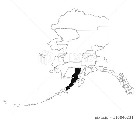 Map of Lake and Peninsula borough in Alaska state on white background. single borough map highlighted by black colour on Alaska map. UNITED STATES, US 116840231