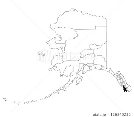 Map of Prince of Wales Hyder borough in Alaska state on white background. single County map highlighted by black colour on Alaska map. UNITED STATES, US 116840236