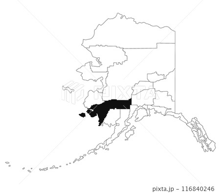 Map of Bethel borough in Alaska state on white background. single borough map highlighted by black colour on Alaska map. UNITED STATES, US 116840246