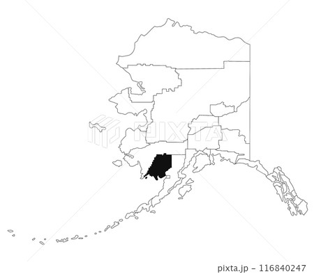 Map of Dillingham borough in Alaska state on white background. single borough map highlighted by black colour on Alaska map. UNITED STATES, US 116840247