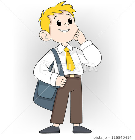 A cartoon boy is standing with a backpack and a yellow tie 116840414