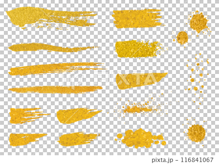 Set 3 of gold brush-drawn material on white background 116841067