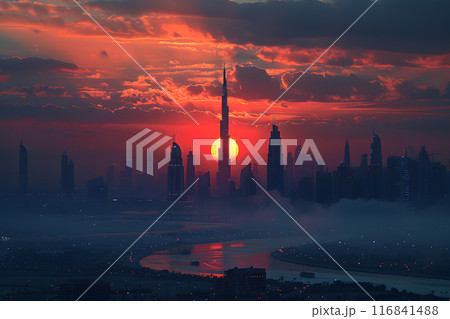 The red sky at dusk illuminates the city skyline and reflects off the river in the foreground, creating a breathtaking natural landscape 116841488