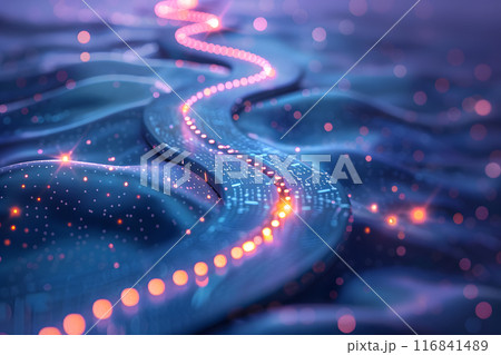 The artwork beautifully portrays a futuristic digital pathway amidst glowing lights, navigating through an abstract tech terrain, embodying innovation and interconnectedness 116841489