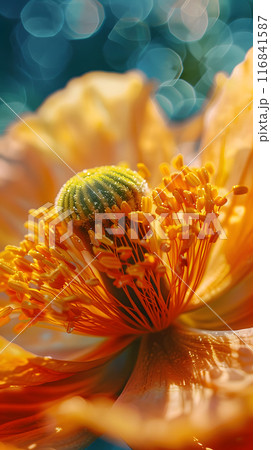 The closeup photo showcases the vibrant beauty of an orange poppy flower, highlighting the intricate details of its petals and stamen. Perfect for nature and floral lovers to admire 116841587