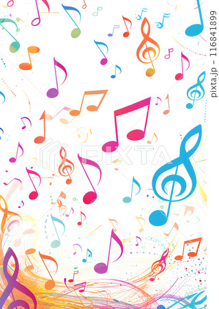 This vibrant artwork showcases colorful musical notes on a bright abstract backdrop. Ideal for musicthemed projects and creative designs that require a dynamic and colorful touch 116841899