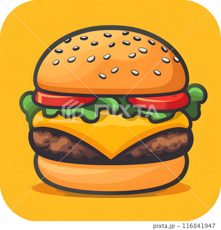 A cartoon illustration of a hamburger, a staple food in fast food culture, with a bun on a yellow background. This finger food art is a mouthwatering sandwich 116841947