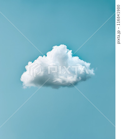 A serene scene unfolds as a single fluffy white cloud peacefully floats in the clear blue sky, providing a beautiful and minimalistic backdrop for various creative activities 116841980