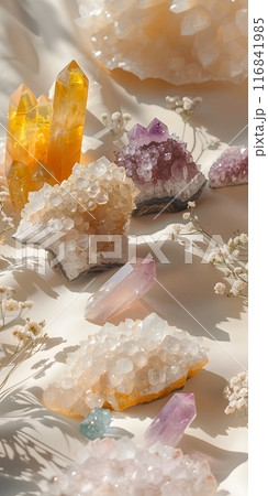 An incredible exhibition of diverse healing crystals and stones, with vibrant yellow, purple, and clear formations glistening in the natural sunlight, creating a truly mesmerizing display 116841985