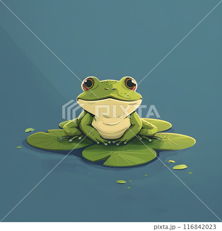 An amphibian True frog, a Hyla species, is perched on a lily pad in the liquid, showcasing the beautiful connection between terrestrial animals and plants 116842023