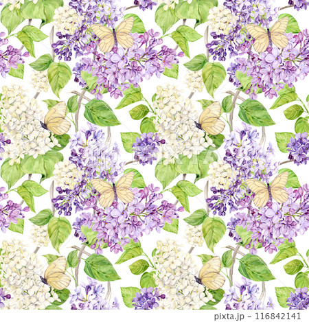 Watercolor background with lilacs and butterflies. Seamless background of spring flowers. Botanical hand drawn illustration for fabric, textile, wallpaper, wrapping paper. 116842141