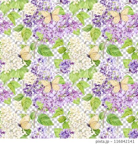 Watercolor background with lilacs and butterflies. Seamless background of spring flowers. Botanical hand drawn illustration for fabric, textile, wallpaper, wrapping paper. 116842141