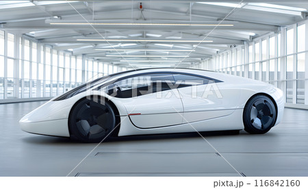 A sleek white vehicle with alloy wheels and automotive lighting is parked in a garage with plenty of windows, showcasing its elegant automotive design A sleek white vehicle with alloy wheels and automotive lighting is parked in a garage with plenty of windows, showcasing its elegant automotive design 116842160