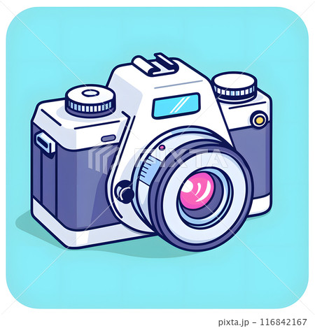 This detailed illustration showcases a vintage camera in vibrant colors, perfect for projects related to photography. Tags illustration, lens, shutter, technology 116842167