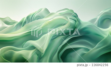 The captivating green abstract waves resemble flowing fabric in motion, creating an artistic and serene visual experience. Keywords abstract, artistic, fabric, waves, green, serene 116842256