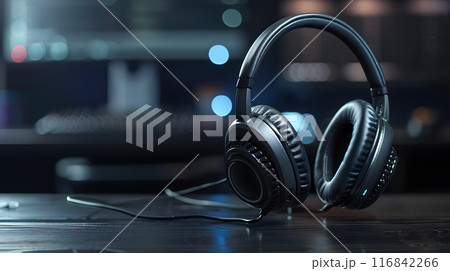 A pair of Electric blue headphones resting on a sleek wooden table, a stylish addition to any audio equipment collection 116842266