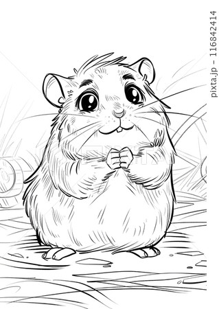 A black and white art piece depicting a hamster, a terrestrial animal with whiskers and a snout, standing in the grass with a Felidaelike gesture and jaw 116842414