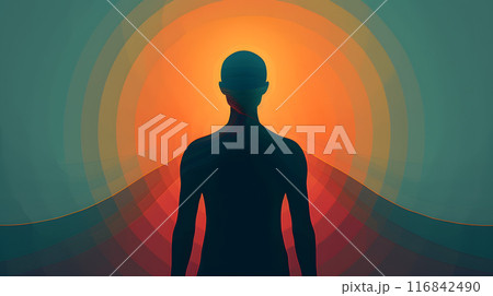 A human body silhouette standing in front of an orange sun, with electric blue sky creating a stunning atmospheric phenomenon. The lighting and symmetry make it an artful flash photography capture 116842490