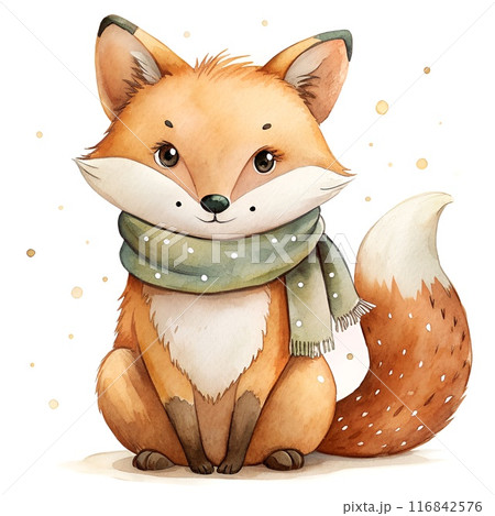 Watercolor painting, cartoon style, of a fox.wear a scarf, generative ai 116842576
