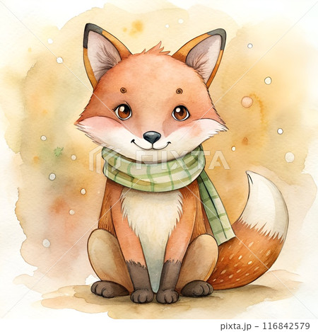 Watercolor painting, cartoon style, of a fox.wear a scarf, generative ai 116842579