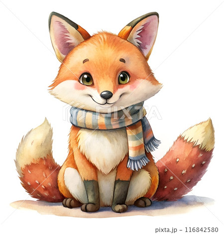 Watercolor painting, cartoon style, of a fox.wear a scarf, generative ai 116842580
