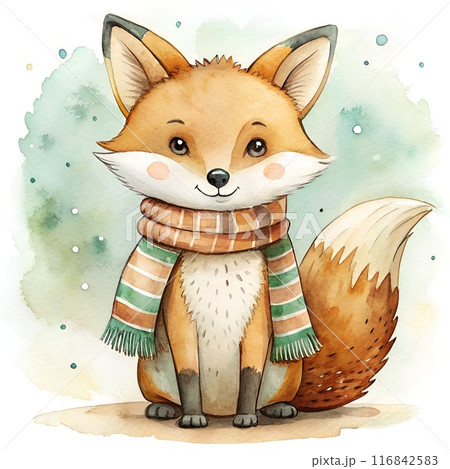 Watercolor painting, cartoon style, of a fox.wear a scarf, generative ai 116842583
