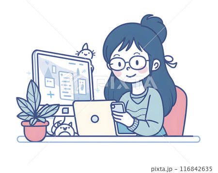 A charming animated girl is busy working on her laptop in a warm and inviting workspace surrounded by a plant and coffee mug, creating a sense of productivity and coziness 116842635